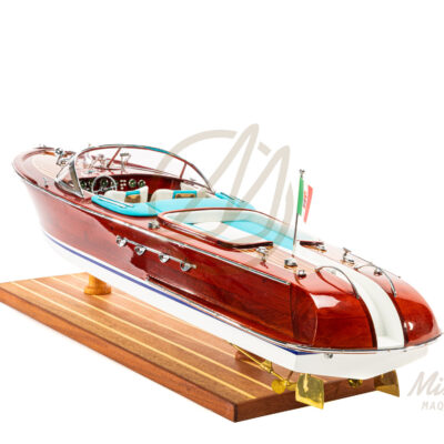 Maquette de Bateau Italien Déjà Montée En Bois 66cm Bleu et Blanc - Runabout Inspiré de l'Aquarama de Riva - Maquette de Bateau de Décoration Haut de Gamme